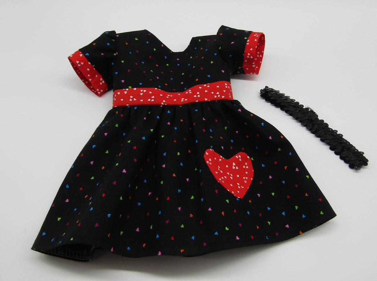 Banded Heart-Print Dress 18 inch Doll: Black & Red Banded Heart-Print Dress 18 inch Doll: Black & Red