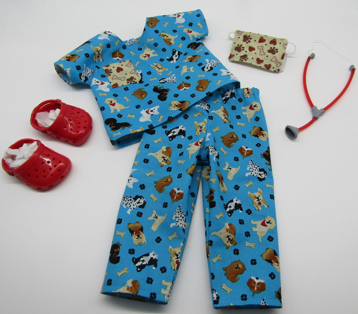 18" Doll Scrubs 5 Pc Outfit: Allover Puppy – Handmade Designs for Dolls