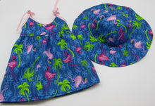Load image into Gallery viewer, 18&quot; Doll Flamingo Sun Dress &amp; Floppy Hat: Blue
