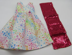 18" Doll Glittery Long Dress & Sequin Arm Scarf: Hot Pink