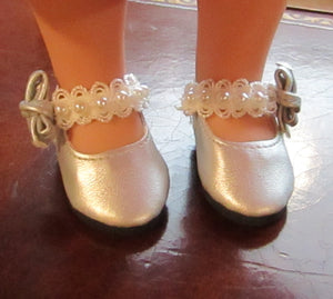 14" Wellie Wisher Doll Lace & Pearl Shoes: Silver