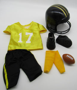 18" Doll Football Uniform 6 Pc: Black & Yellow