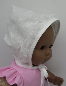 15" Bitty Baby Bonnet: White on White