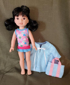 14" Wellie Wisher Doll 3 Pc Swim Set: Heart-Print