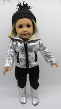 Load image into Gallery viewer, 18&quot; Doll 3 Pc Coat, Pants &amp; Hat: Silver &amp; Black
