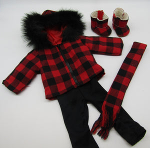 18" Doll Buffalo Plaid 4 Piece Outfit: Red