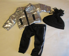 Load image into Gallery viewer, 18&quot; Doll 3 Pc Coat, Pants &amp; Hat: Silver &amp; Black
