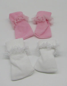 Lace-Trimmed Socks 18 & 15 inch Doll: White & Pink 2 Pack