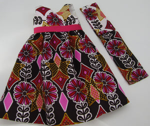18" Doll Authentic African Print 2 Pc Dress: Pink, Black & Gold Border