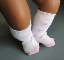 Load image into Gallery viewer, Knee Length Socks 18 &amp; 15 inch Doll: White w Hearts
