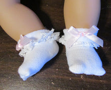 Load image into Gallery viewer, 18&quot; &amp; 15&quot; Doll Lace-Trimmed Socks w Pink Satin Bow: White

