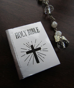 18" Doll Miniature Bible w Rosary: White