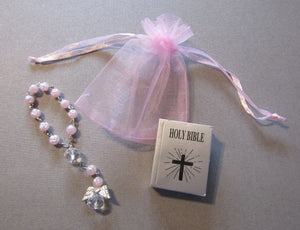 18" Doll Miniature Bible w Rosary: Pink