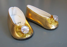 Load image into Gallery viewer, Glitter Bow 18 &amp; 15 inch Doll Dress Shoes w Gem: Gold
