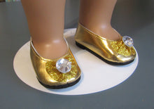 Load image into Gallery viewer, Glitter Bow 18 &amp; 15 inch Doll Dress Shoes w Gem: Gold
