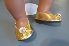 Load image into Gallery viewer, Glitter Bow 18 &amp; 15 inch Doll Dress Shoes w Gem: Gold
