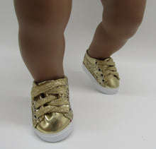 Load image into Gallery viewer, Glitter No-Tie Tennis Shoes 18 &amp; 15 inch Doll: Gold
