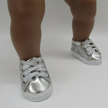 Load image into Gallery viewer, Glitter No-Tie Tennis Shoes 18 &amp; 15 inch Doll: Silver

