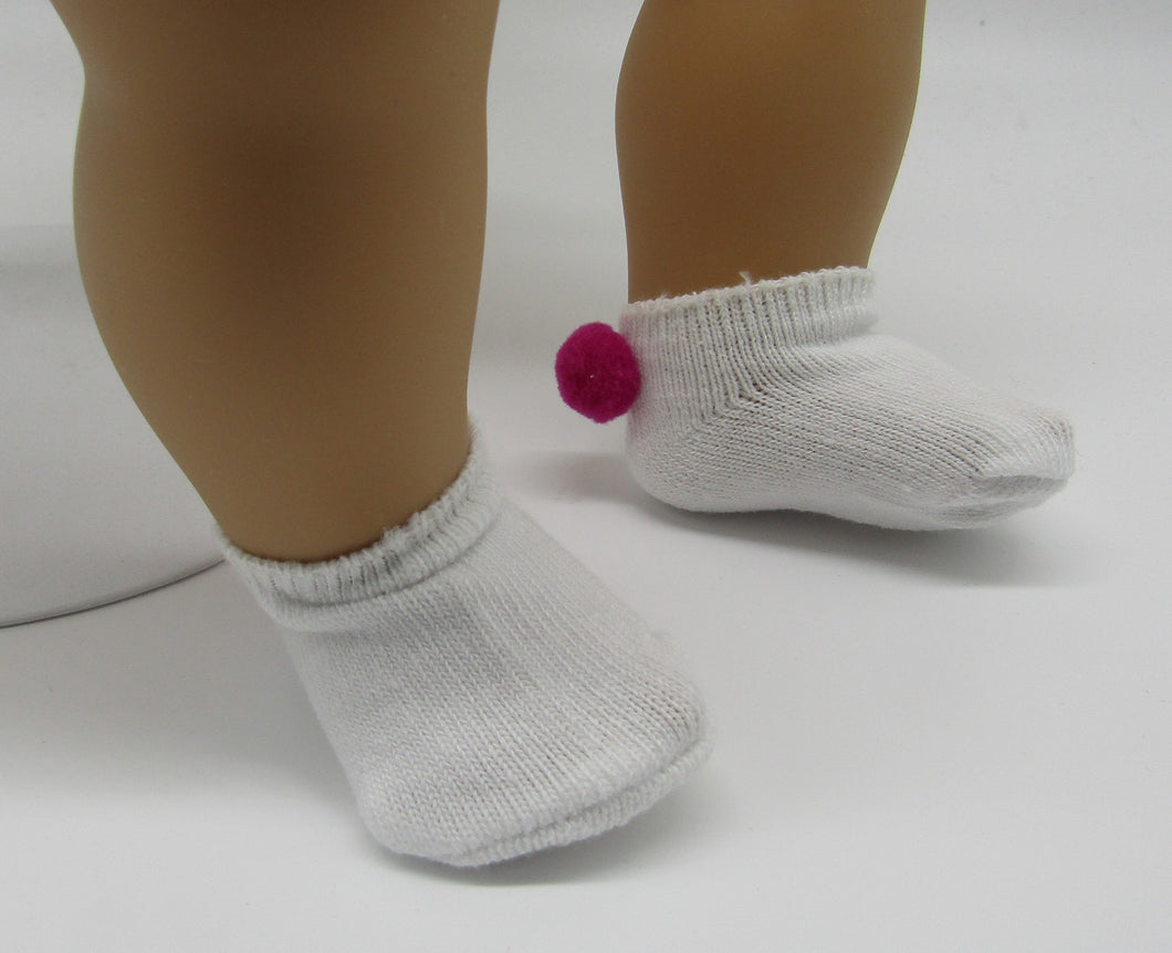 White Ankle Socks with Pom Pom 18 & 15 inch Doll: Pink