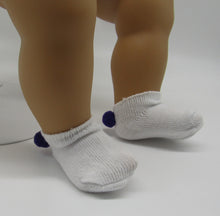 Load image into Gallery viewer, White Ankle Socks with Pom Pom 18 &amp; 15 inch Doll: Hot Pink and Purple 2 Pack
