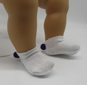 White Ankle Socks with Pom Pom 18 & 15 inch Doll: Hot Pink and Purple 2 Pack