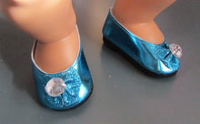 Load image into Gallery viewer, Glitter Bow 18 &amp; 15 inch Doll Dress Shoes w Gem: Bright Blue
