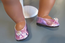 Load image into Gallery viewer, Glitter Bow 18 &amp; 15 inch Doll Dress Shoes w Gem: Light Purple
