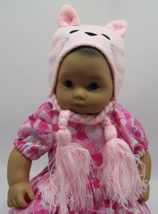 18" & 15" Doll Fleece Kitten Face Winter Hat: Pink