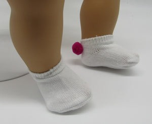 18" & 15" Doll White Ankle Socks with Pom Pom: Hot Pink