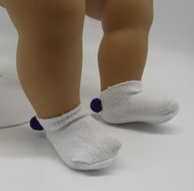 Load image into Gallery viewer, 18&quot; &amp; 15&quot; Doll White Ankle Socks with Pom Pom: Purple
