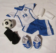 Load image into Gallery viewer, 18&quot; Doll Soccer 6 Pc Outfit: Blue &amp; White
