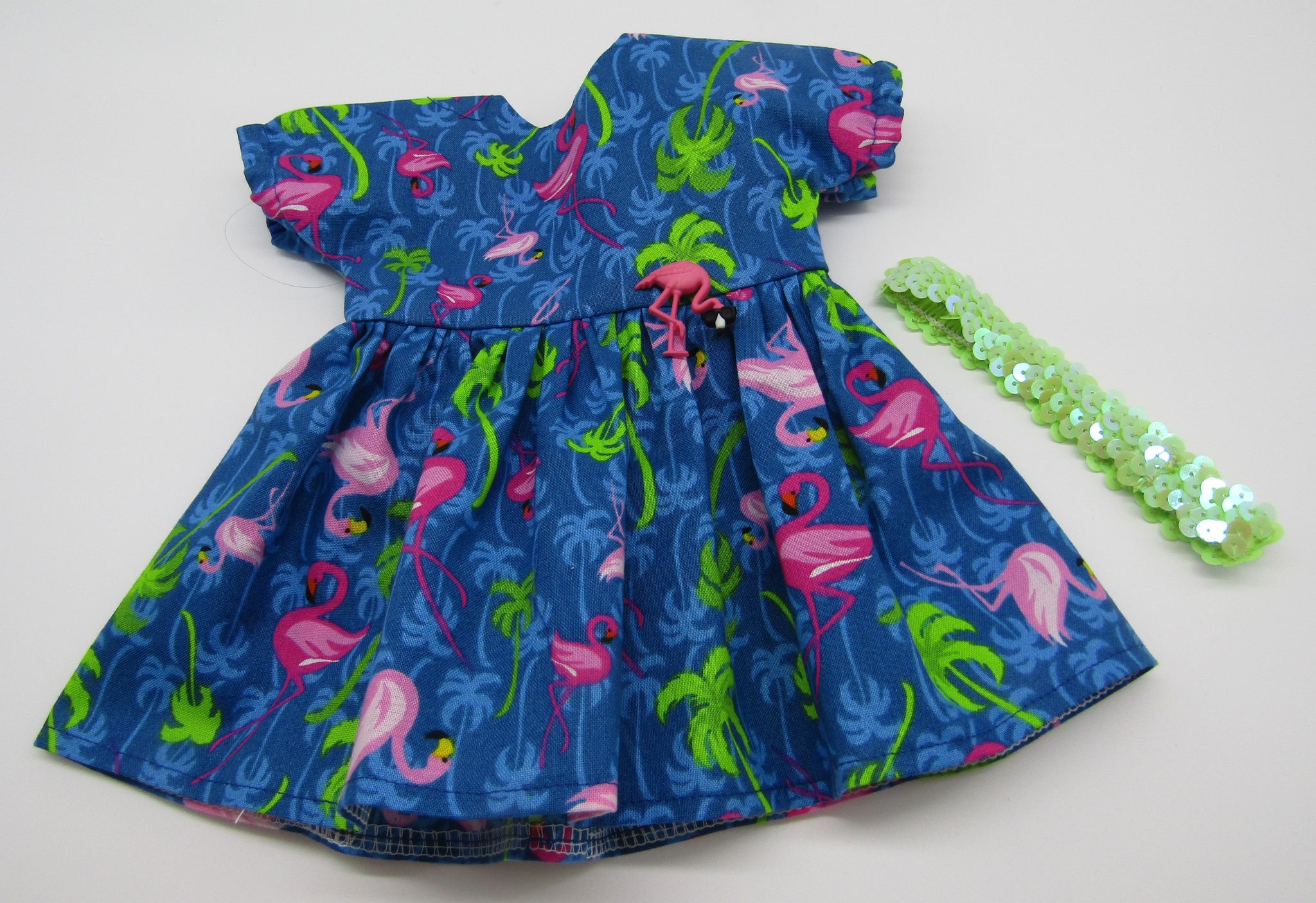 Flamingo Dress 18 inch Doll: Bright Blue, Hot Pink & Green Flamingo Dress 18 inch Doll: Bright Blue, Hot Pink & Green