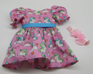 18" Doll Unicorn w Clouds & Stars Dress: Bright Pink