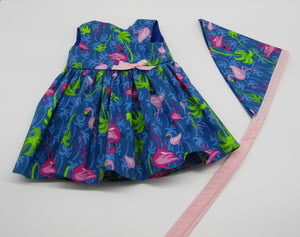 18" Doll Flamingo-Print Dress w Headscarf: Blue