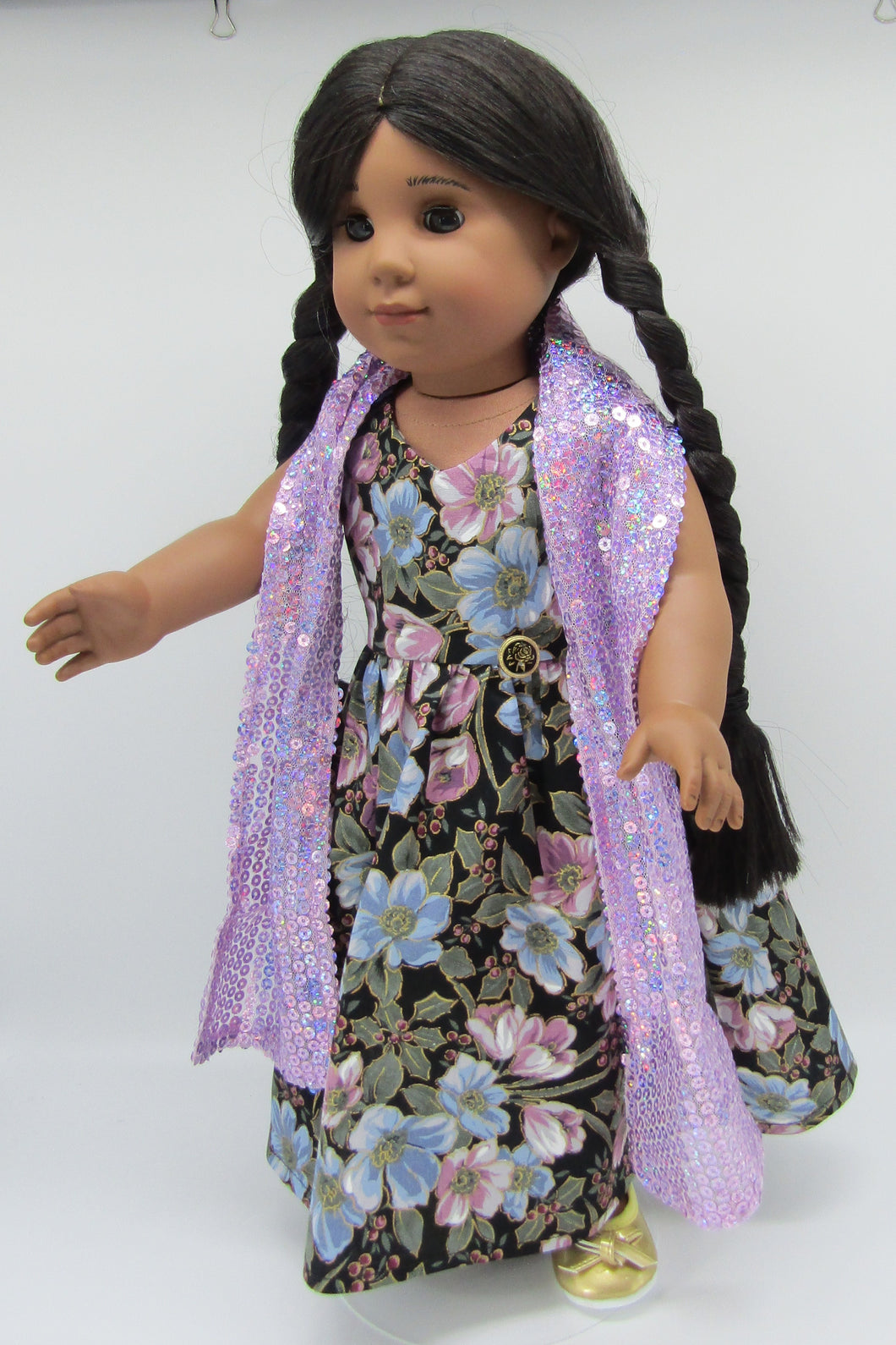 Long Floral-Print Dress w Gold Accents & Sequin Arm Scarf 18 inch Doll