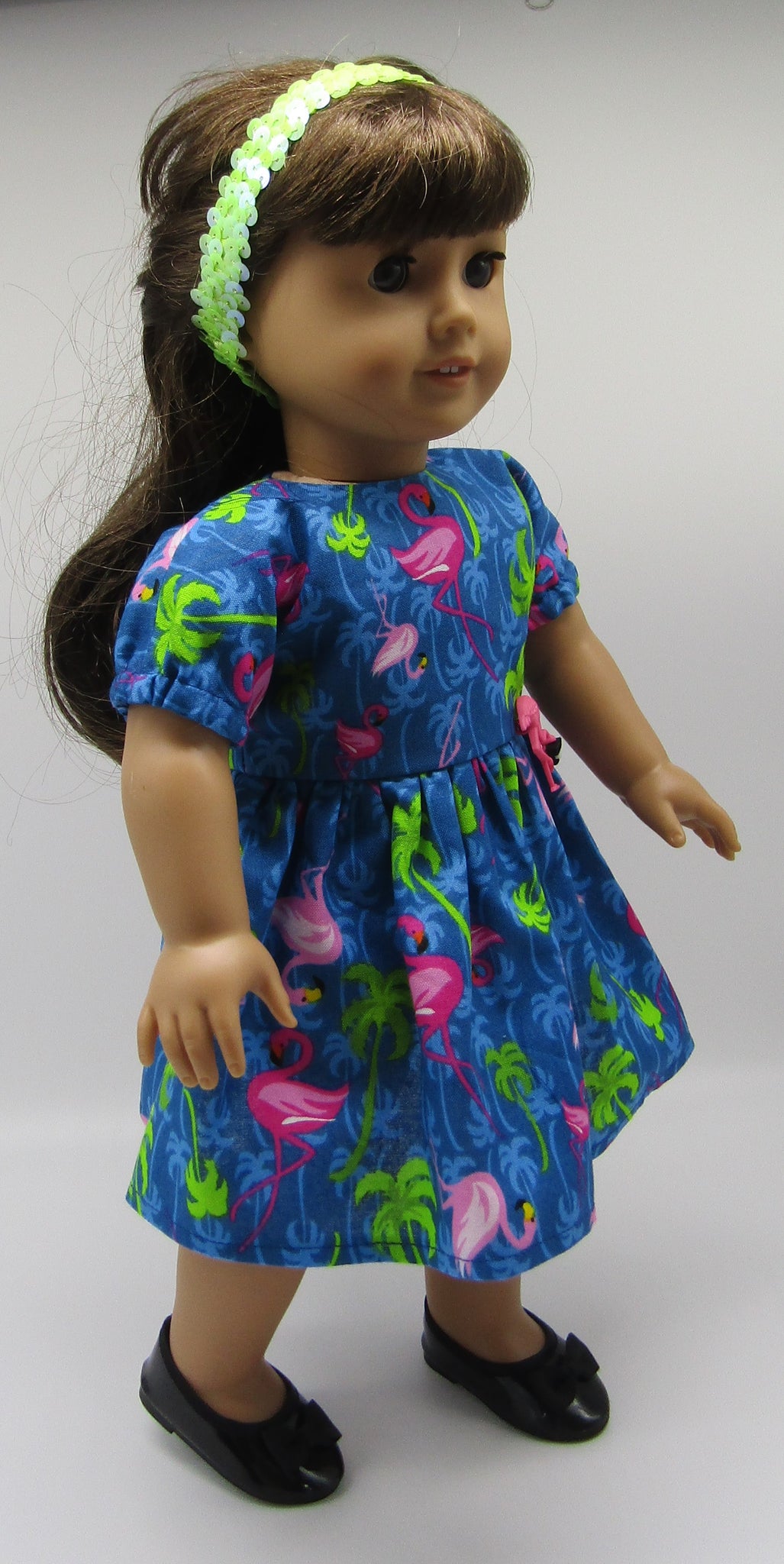 Flamingo Dress 18 inch Doll: Bright Blue, Hot Pink & Green Flamingo Dress 18 inch Doll: Bright Blue, Hot Pink & Green