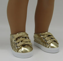 Load image into Gallery viewer, Glitter No-Tie Tennis Shoes 18 &amp; 15 inch Doll: Gold
