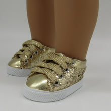 Load image into Gallery viewer, Glitter No-Tie Tennis Shoes 18 &amp; 15 inch Doll: Gold
