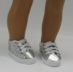 Glitter No-Tie Tennis Shoes 18 & 15 inch Doll: Silver