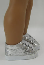 Load image into Gallery viewer, Glitter No-Tie Tennis Shoes 18 &amp; 15 inch Doll: Silver
