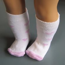 Load image into Gallery viewer, Knee Length Socks 18 &amp; 15 inch Doll: White w Hearts

