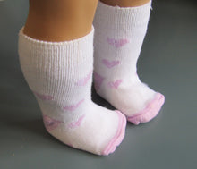 Load image into Gallery viewer, Knee Length Socks 18 &amp; 15 inch Doll: White w Hearts
