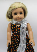 Load image into Gallery viewer, Long Glittery Candy Corn Print Dress  &amp; Sequin Arm Scarf 18 inch Doll
