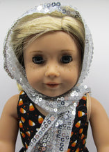 Load image into Gallery viewer, Long Glittery Candy Corn Print Dress  &amp; Sequin Arm Scarf 18 inch Doll
