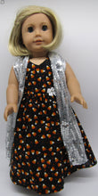 Load image into Gallery viewer, Long Glittery Candy Corn Print Dress  &amp; Sequin Arm Scarf 18 inch Doll
