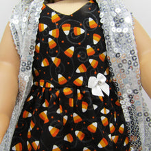 Load image into Gallery viewer, Long Glittery Candy Corn Print Dress  &amp; Sequin Arm Scarf 18 inch Doll
