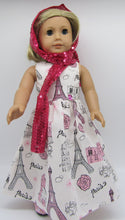 Load image into Gallery viewer, Glittery Long Paris-Print Dress &amp; Sequin Arm Scarf 18 inch Doll: Bright Pink
