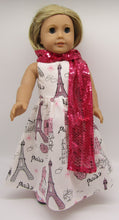 Load image into Gallery viewer, Glittery Long Paris-Print Dress &amp; Sequin Arm Scarf 18 inch Doll: Bright Pink
