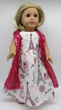 Load image into Gallery viewer, Glittery Long Paris-Print Dress &amp; Sequin Arm Scarf 18 inch Doll: Bright Pink
