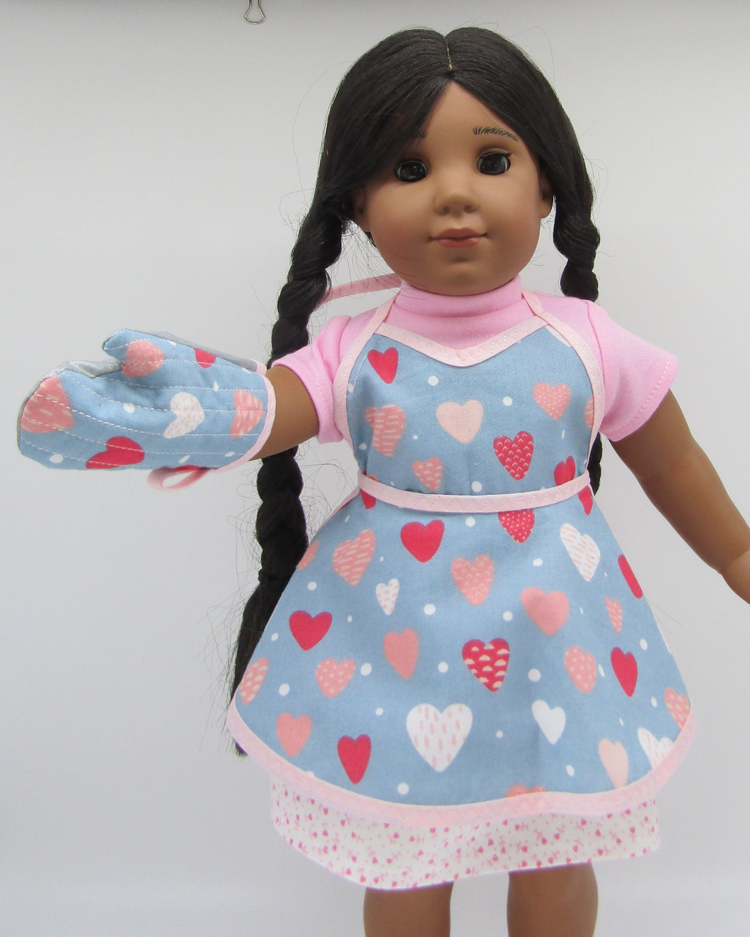 Apron Set 18 inch Doll: Blue & Pink Flared w Hearts